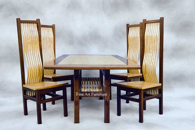modern craftsman dining table end view showing all four chairs